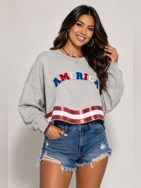 THE AMERICANA CREW LONG SLEEVE SEQUIN CROP PULLOVER SWEATER
Gray